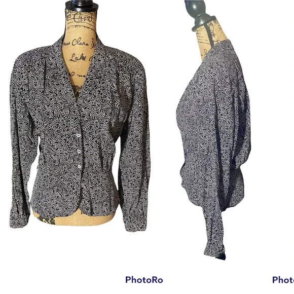 Vintage Liz Claiborne Blouse Long Sleeves Size 8 Black White - Picture 1 of 7